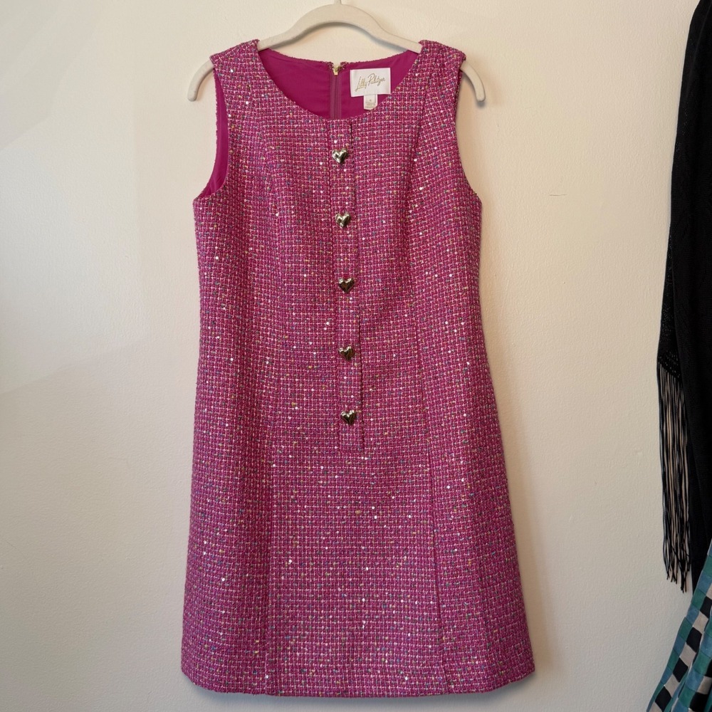 Lilly Pulitzer Bindy Shift Romper Dress Pink Tweed Sparkly Heart Buttons NWOT 6